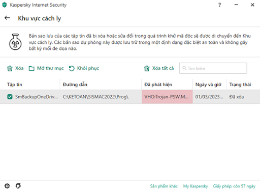 khôi phục file bị Kaspersky xóa